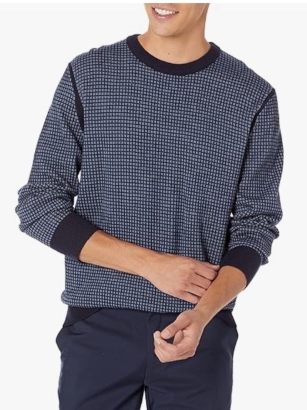 Theory Maden Blue Grid Print Merino Wool Crewneck Sweater Size XL